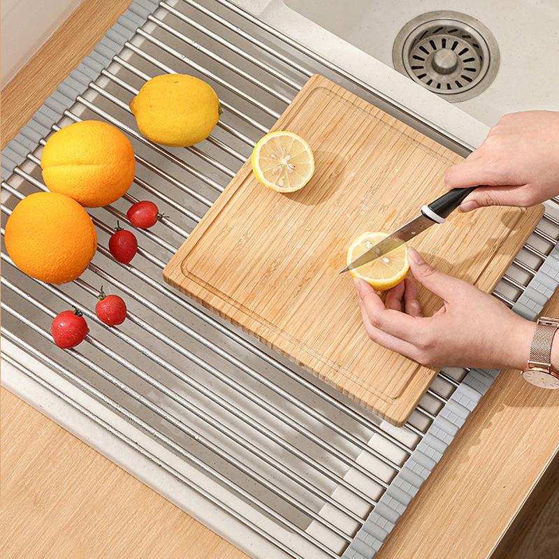 304 Stainless Steel Drain Roller Kitchen Sink Dish Drying Rack Foldable Drain Rack Anti-mold Silicone Shelf