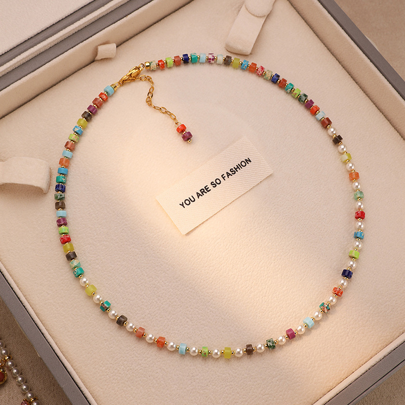 Dopamine rainbow pearl necklace, neck chain, natural stone colorful bead necklace, collarbone chain, summer necklace accessory for women