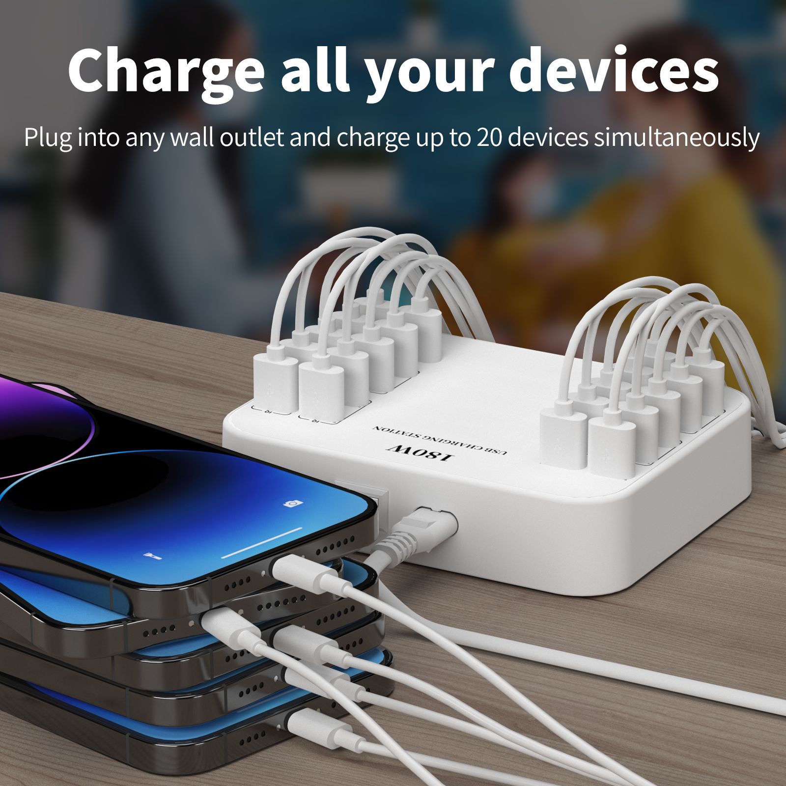 180W multi-port USB charger smartphone live light radiator 20-port office workstation