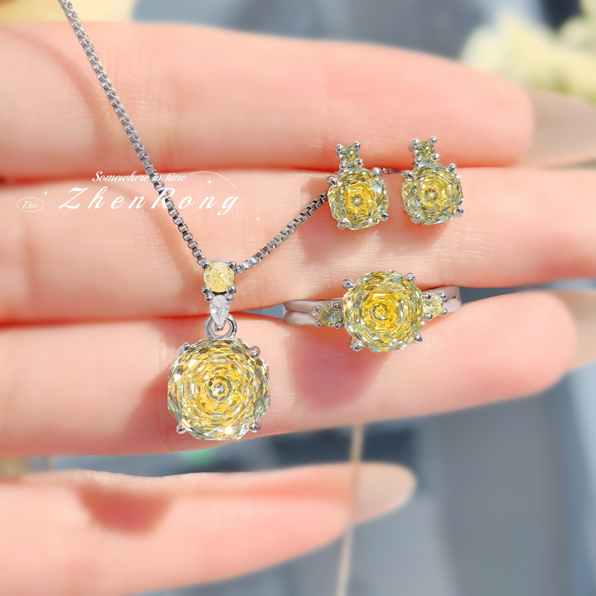 Octagonal millennium rose cut炫彩 necklace pendant inlaid with high carbon diamond Chinese red earrings color gem pink diamond ring women