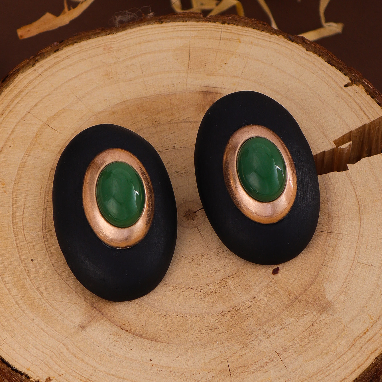 Original Design Wind Accessories Exaggerated Wood Oval Stone Metal Stud Earrings Women
