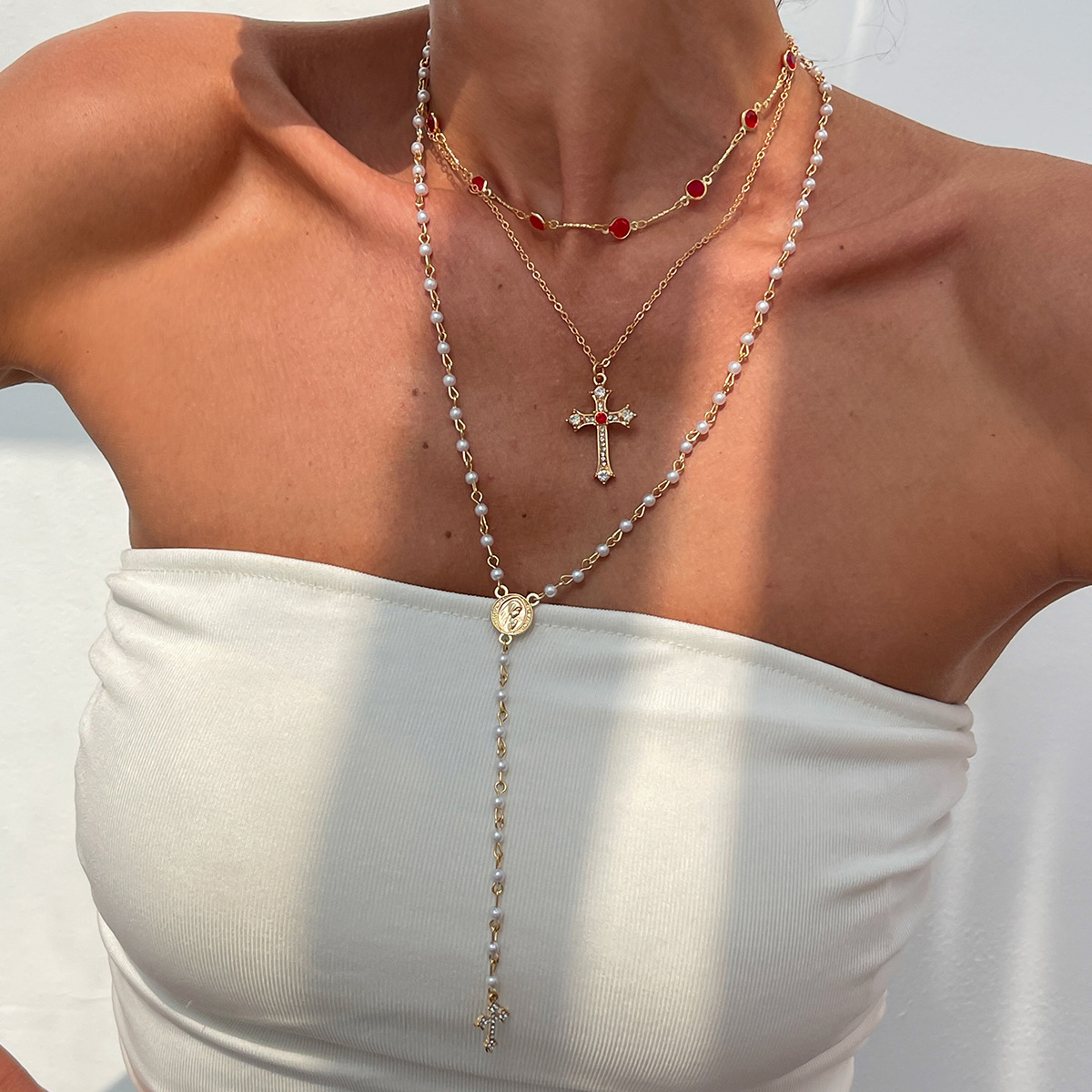 Jewelry 3-piece set rhinestone cross chain necklace set small flower crystal copper-clad iron chain neck chain