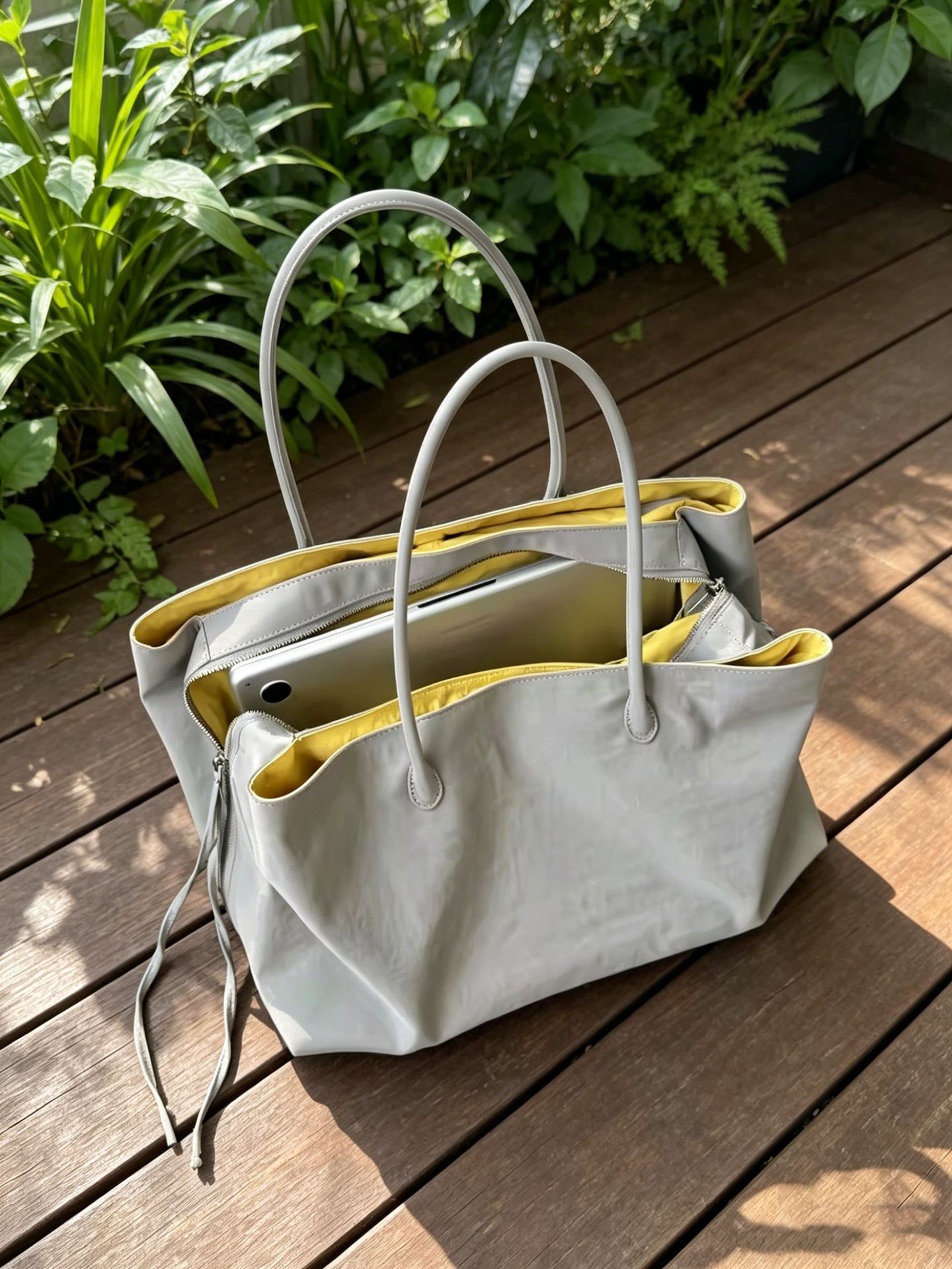2026 Spring/Summer New Gray-Yellow Contrast Multi-Compartment Large Capacity Tote Bag Commute Handheld Single Shoulder Bag