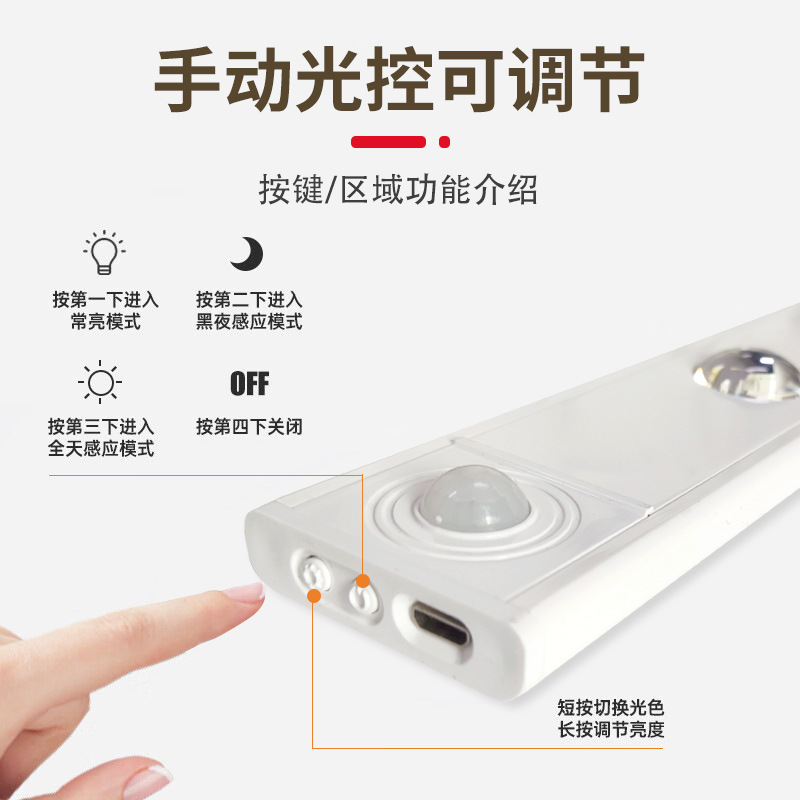 Smart LED Human Body Sensor Light Cat Eye Hill Light Strip Rechargeable Self-Adhesive Wardrobe Cabinet Light