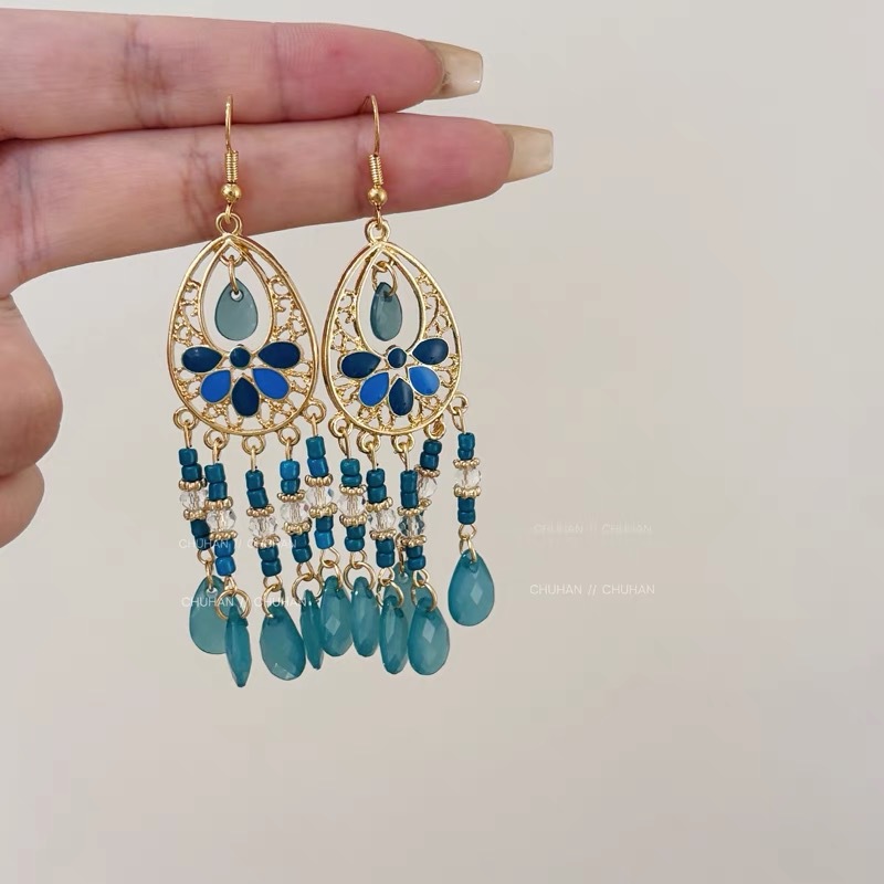 Bohemian bead tassel earrings niche exaggerated earrings ethnic style long earrings women