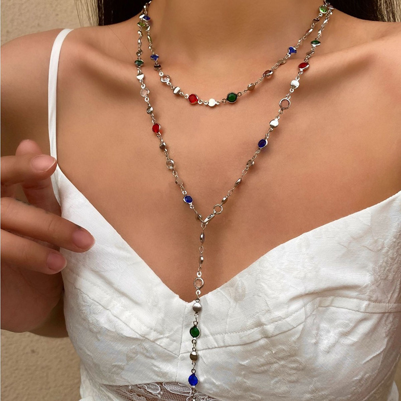 Rongshang Accessory Double-Layer Y-Shaped Colorful Crystal Necklace Women's Glass Crystal Necklace Set Wholesale