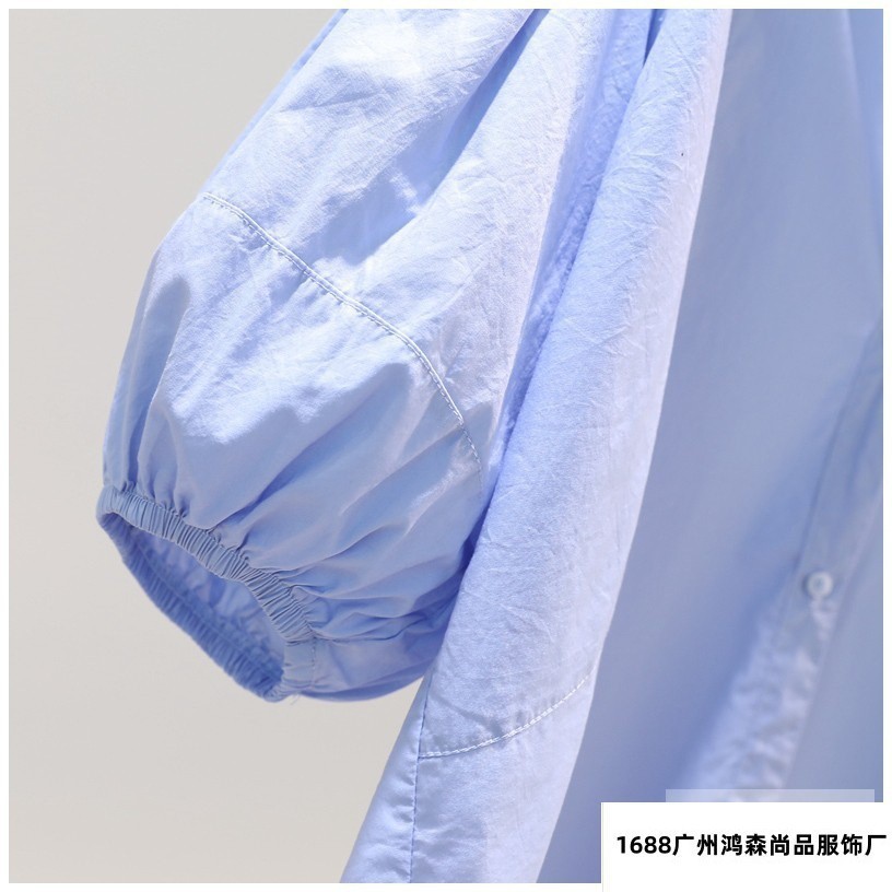 Summer Top Light Blue Stand Collar Lantern Sleeve Shirt Women Fresh Loose Casual Blouse
