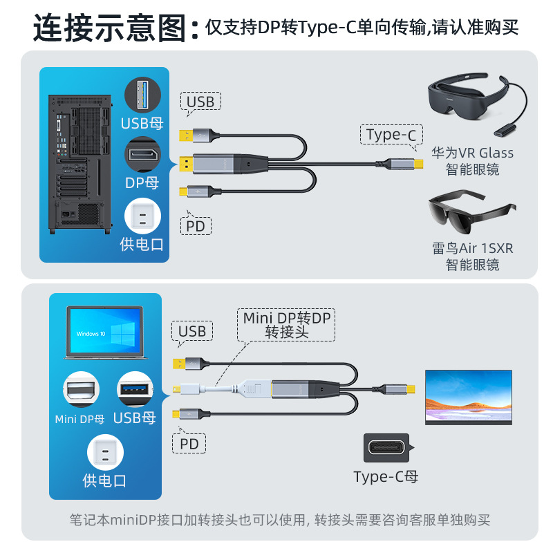 Computer conversion cable DP to C conversion cable DP to Type-C HD cable with power supply DP to Type-C with charging cable