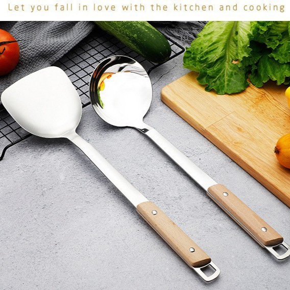 201 non-magnetic stainless steel spatula, soup spoon kitchen set, kitchen cooking household solid wood handle frying spatula, slotted spoon logo