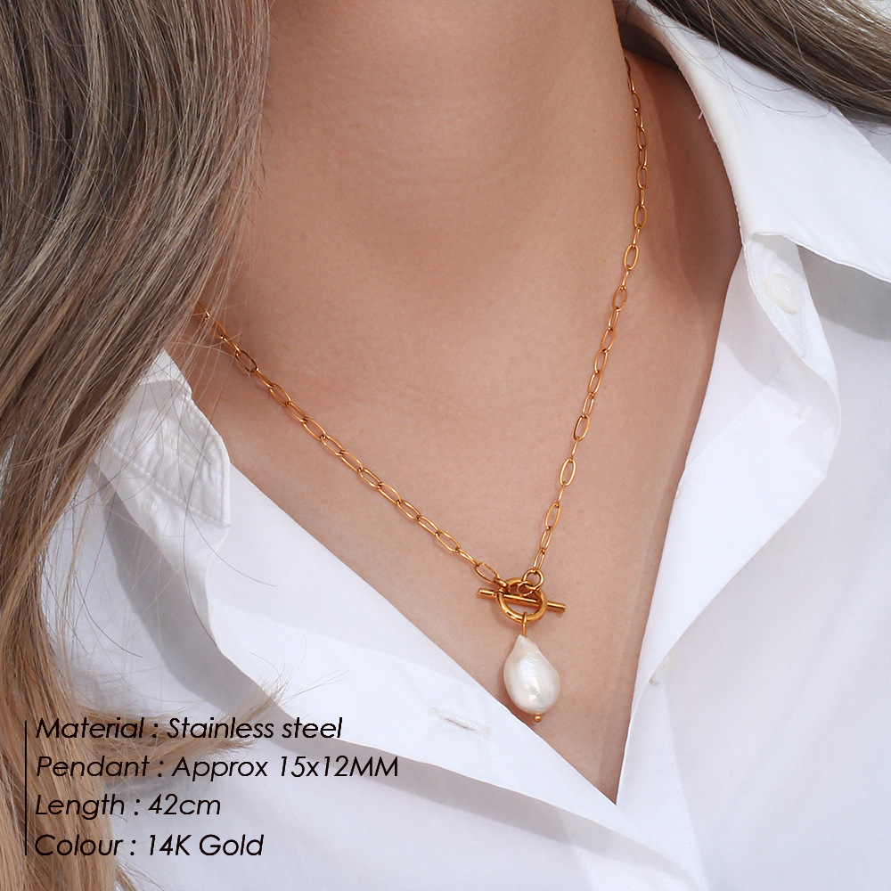 eManco Baroque Freshwater Pearl Necklace Stainless Steel Necklace Square Chain Choker Jewelry