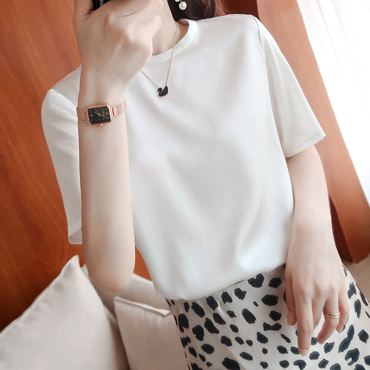2026 Summer New S533 Loose Round Neck Heavyweight Silk Short Sleeve T-Shirt Satin Casual Top Women