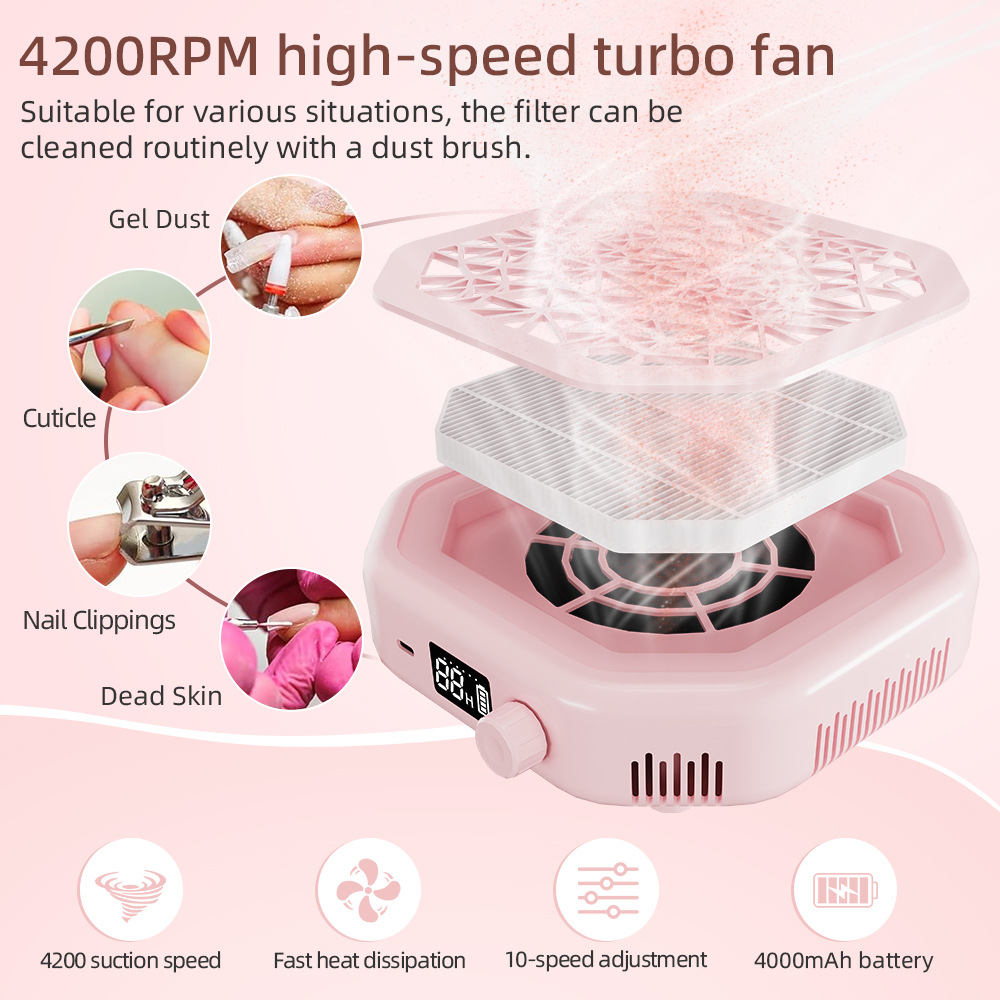 Nail Dust Collector, Rechargeable High-Power Nail Vacuum with Removable Filter, Strong Turbine