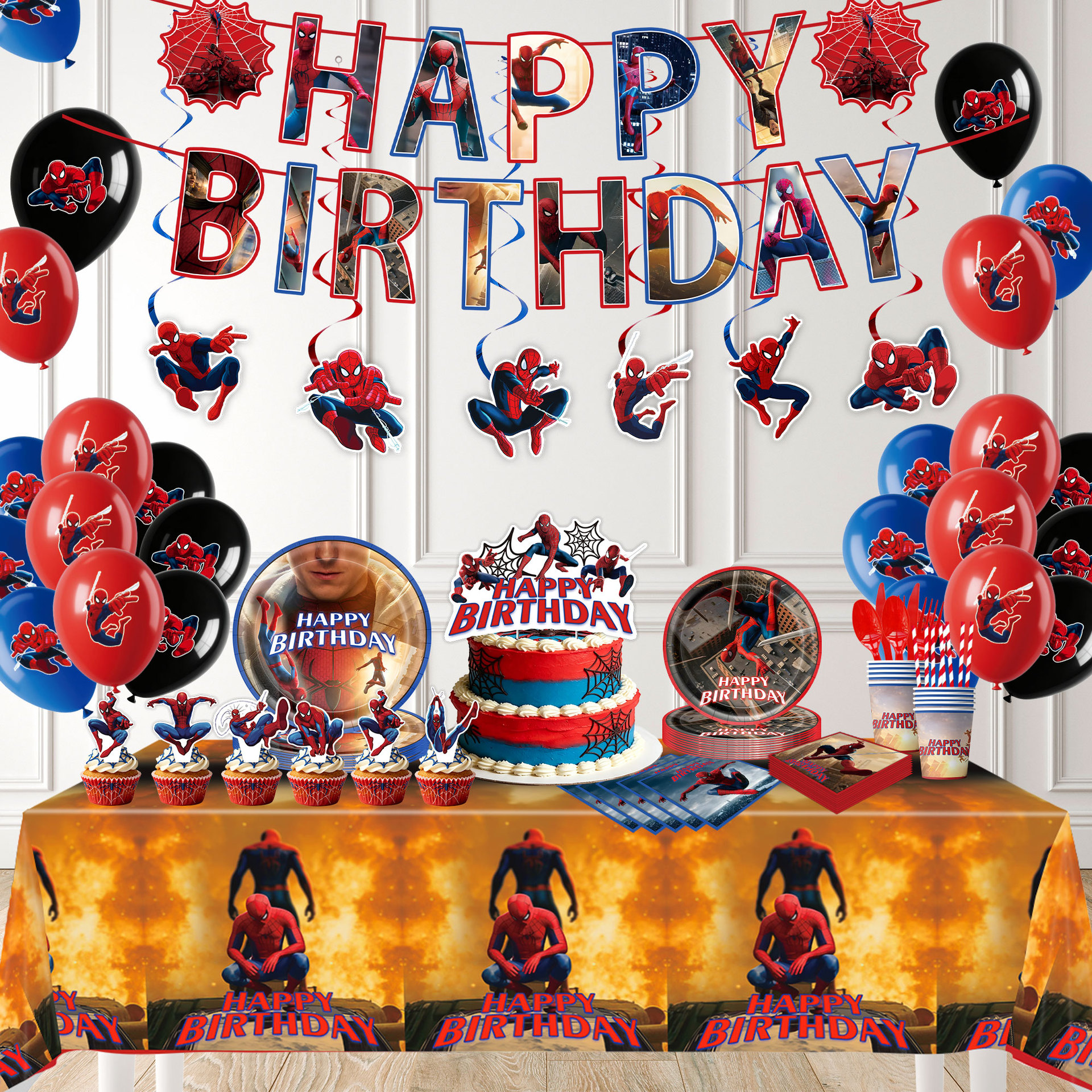 New Hero Spider-Man Theme Boy Birthday Party Tableware Paper Plate Paper Cup Napkin Tablecloth