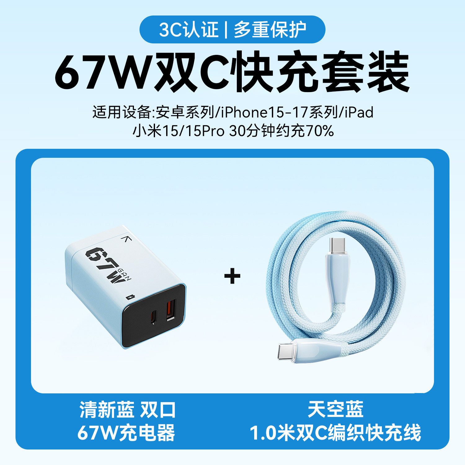 67W Fast Charger for Apple Huawei Xiaomi Android Phone Dual Port GaN Data Cable Set