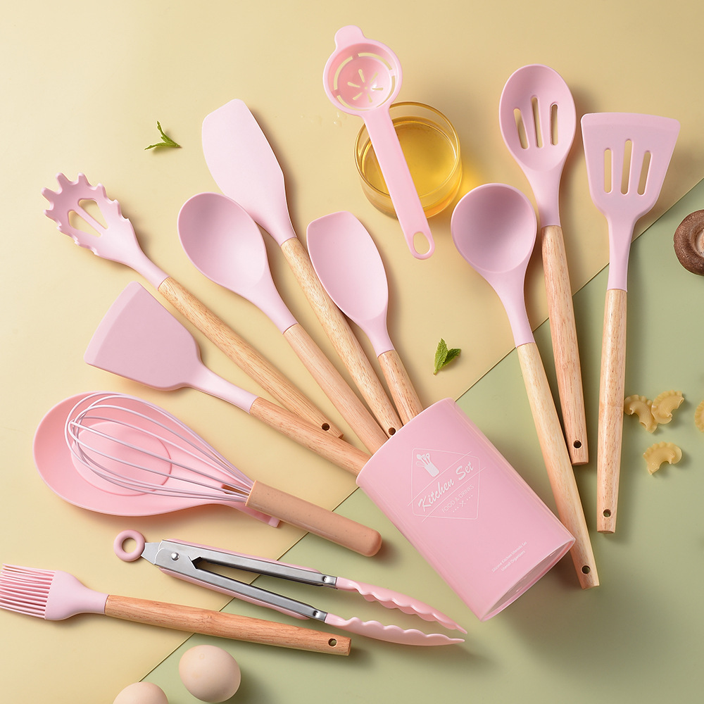 Light Version 750g Silicone Kitchen Utensil Set Wooden Handle 14-Piece Set Kitchen Tools Cooking Spatula Spoon Set 14-Piece Set