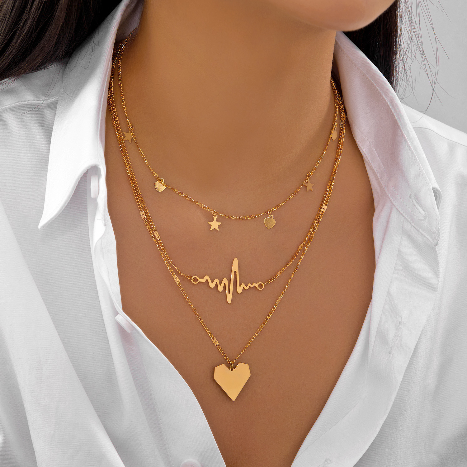 Simple Geometric Layered Necklace Gold Rhinestone Multi-layer Necklace Heart Square Plate Chain Layered 6-piece Set