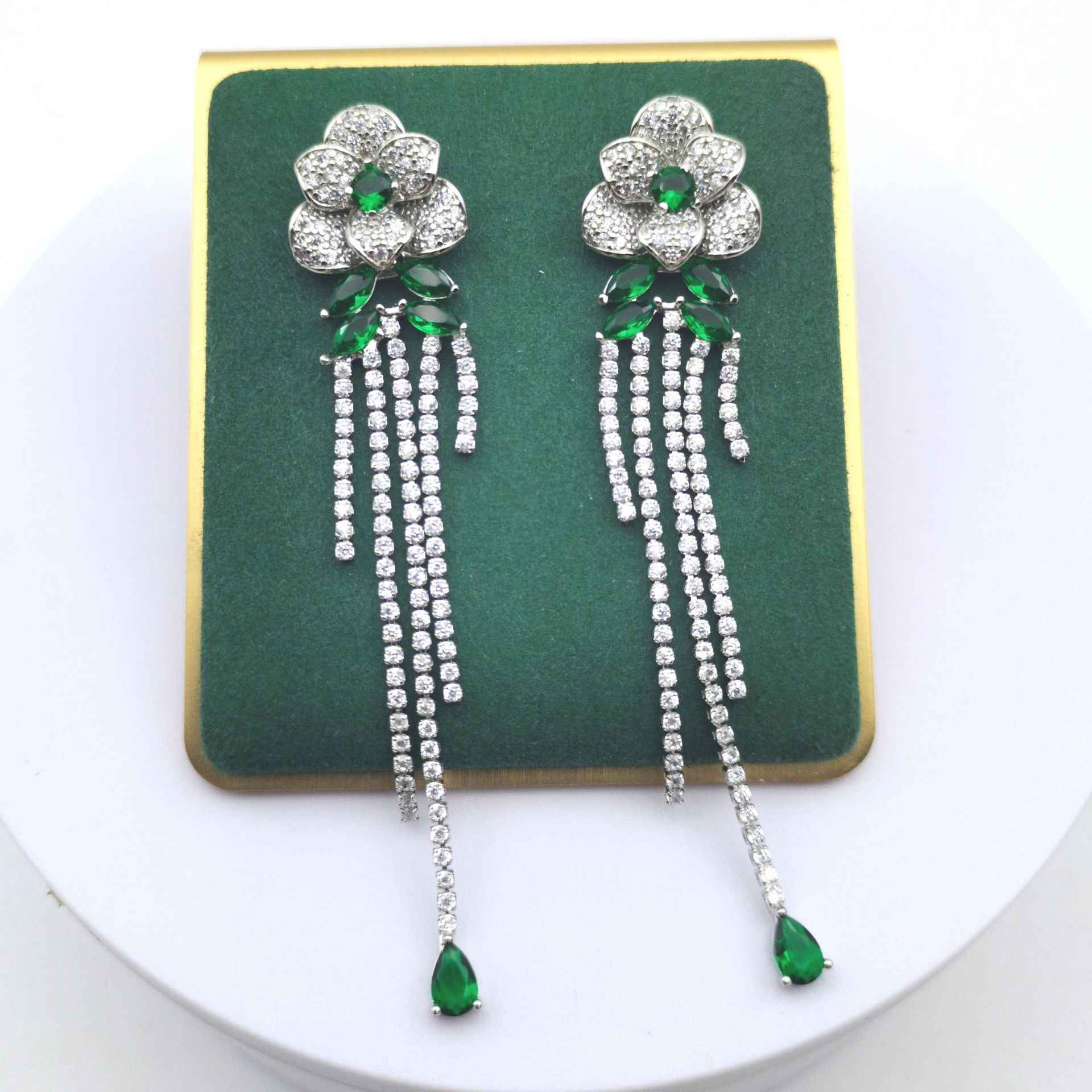 Heavy craft zircon tassel drop earrings S925 silver needle petal stud earrings