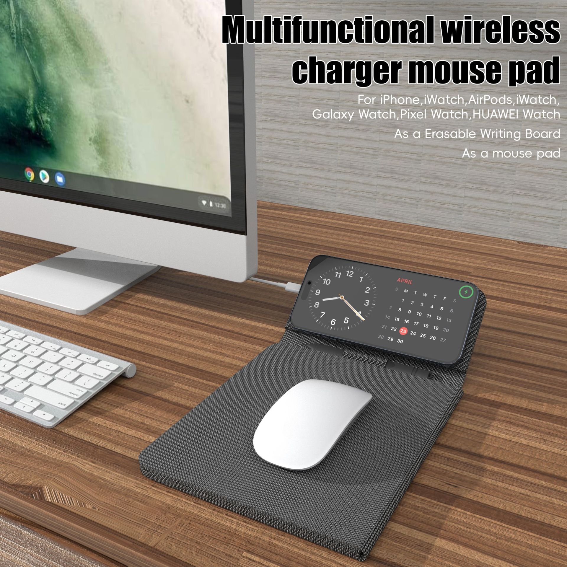Foldable leather electronic writing pad stand wireless charging mouse pad compatible Apple Samsung Huawei phone watch