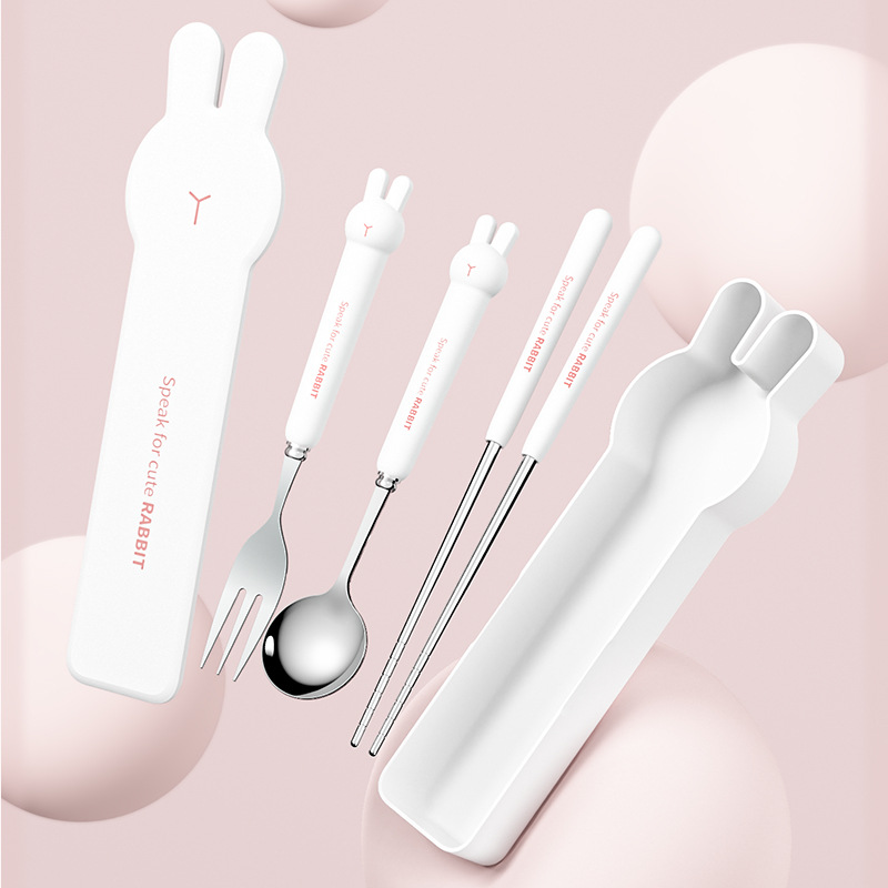 Stainless steel portable tableware three-piece set, student travel office worker cute chopsticks spoon fork set