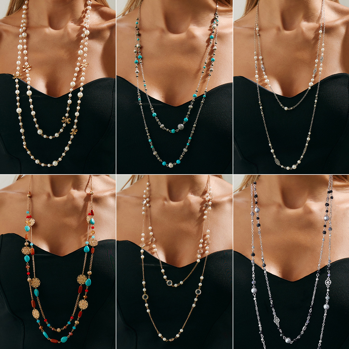 Faux pearl layered long necklace for women ethnic style star tassel sweater chain
