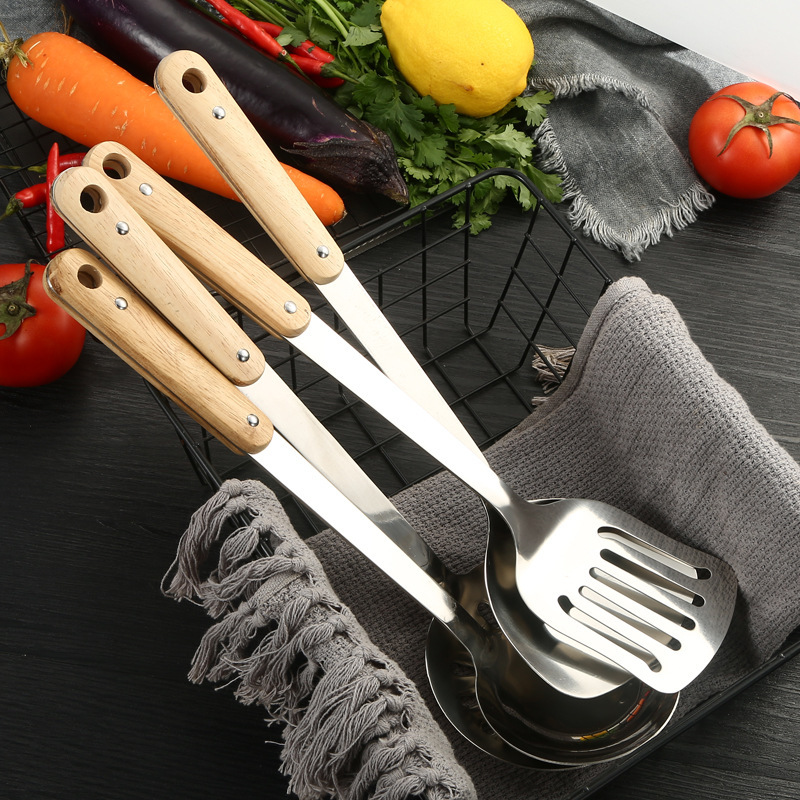 201 non-magnetic three-thick stainless steel soup spoon, solid wood handle spatula, stainless steel household stir-fry spatula, spoon kitchen set