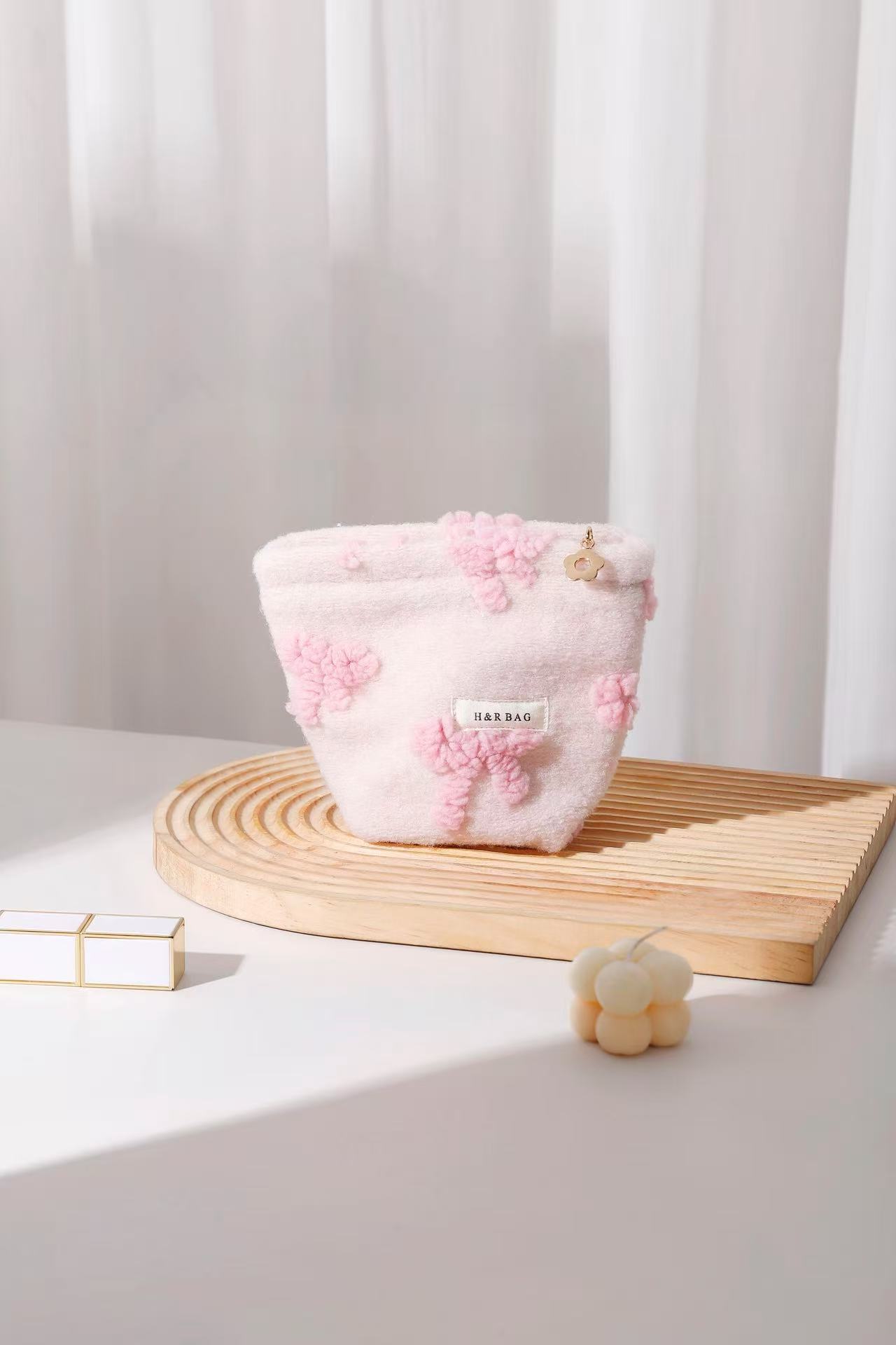New Flower Cosmetic Bag Pink Storage Bag Canvas Skincare Portable Sweet Girl Handheld Bag