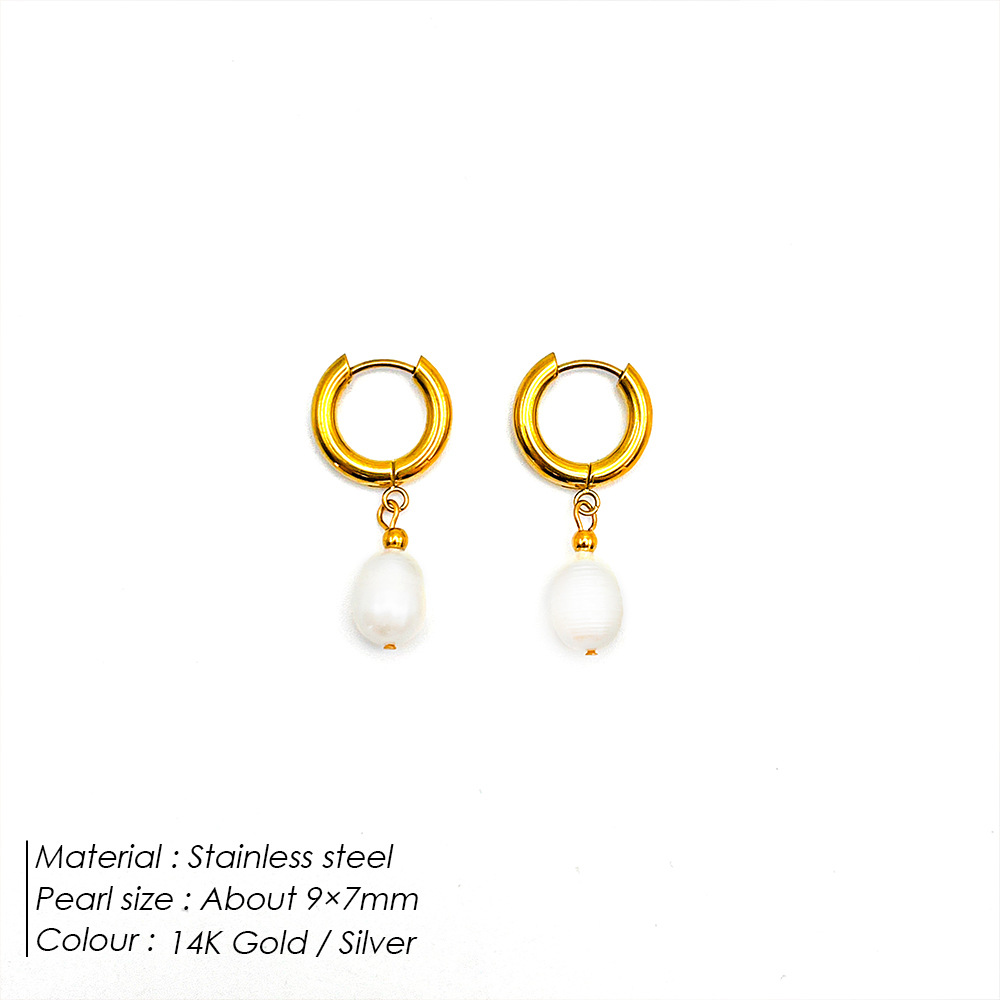 eManco 14K Gold Plated Freshwater Pearl Ear Hoop Women's Party Earrings Stainless Steel Accessories Jewelry