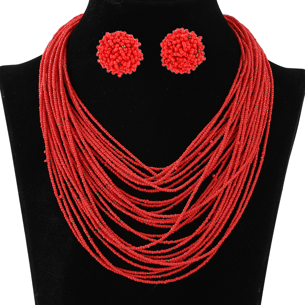 Bohemian Multi-Layer Bead Necklace Earring Set Ethnic Style Sweater Chain Women Multi-Layer Accessories