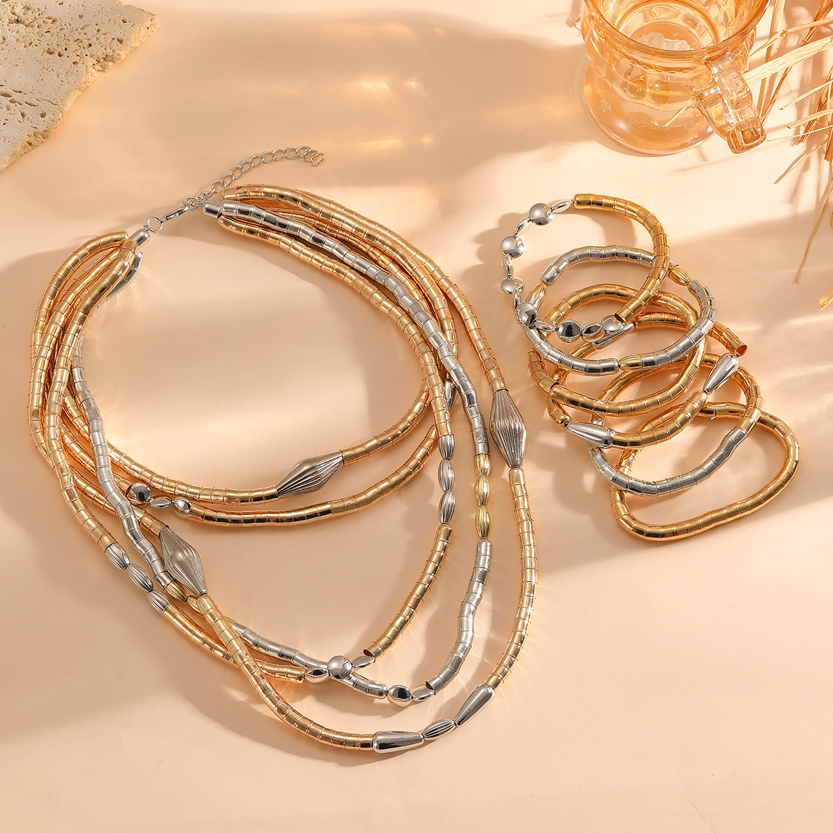 ZA exaggerated multi-layer handmade woven necklace bracelet set gold silver color stacking design 2-piece set