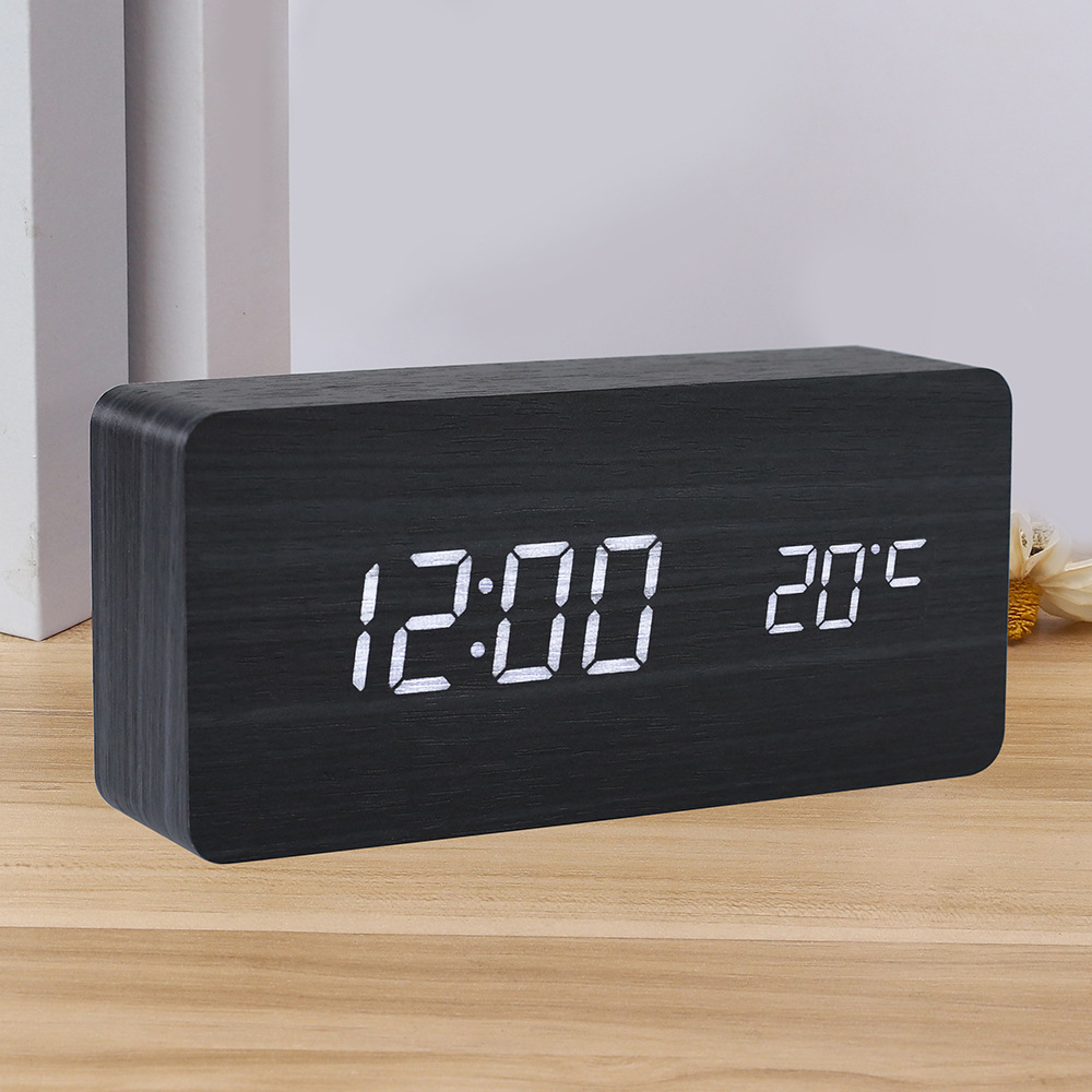 Best Selling LED Wooden Clock Thermometer Electronic Clock Wooden Student Alarm Clock Digital Voice Control Clock