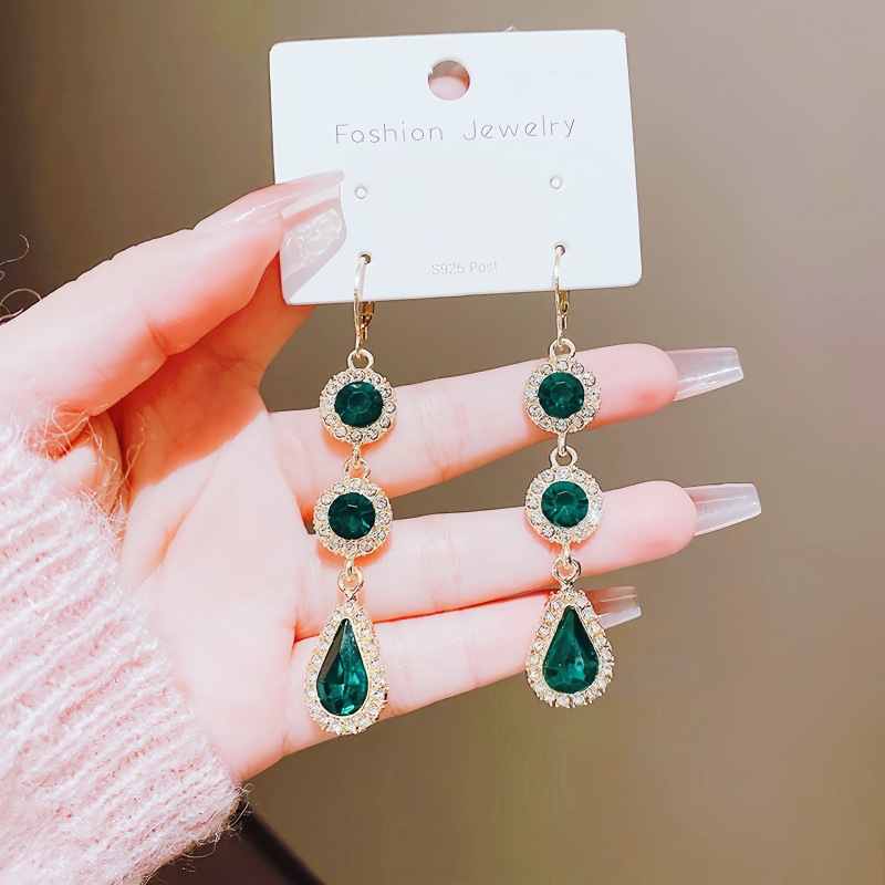 Long rhinestone emerald ear hook earrings waterdrop flower zircon ear drop ear accessories women