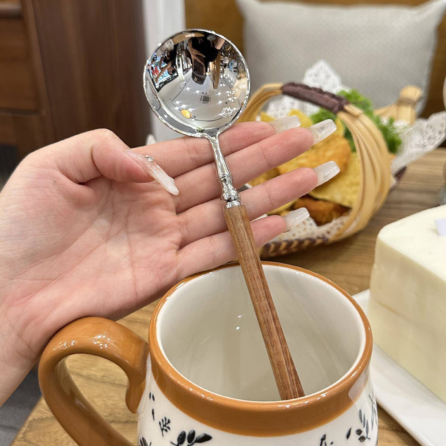 Imitation Rosewood Stainless Steel Spoon Long Handle Round Head Spoon Household Rice Spoon Soup Spoon Dessert Spoon Soup Spoon