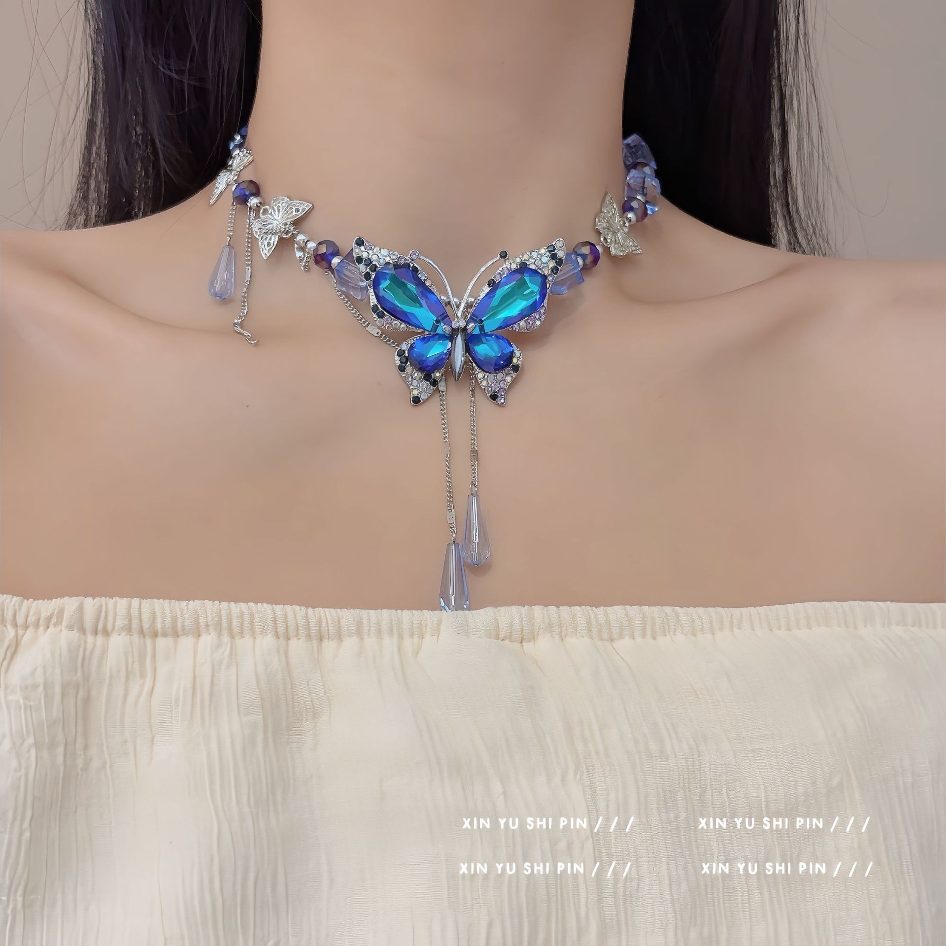 Summer New Butterfly Tassel Beaded Necklace for Women Niche Heavy Craft Sweet Cool Collarbone Chain