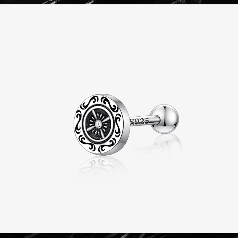925 silver needle earrings for men, vintage ship wheel ear bone stud single earring not easy to allergy for men