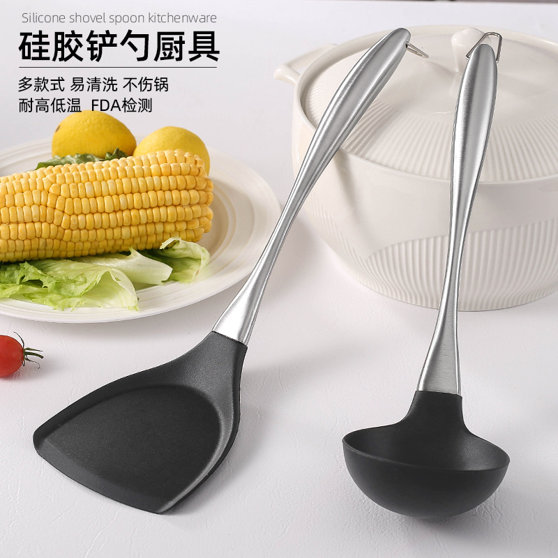 Stainless Steel Silicone Spatula Kitchen Utensils Food Grade Spatula Frying Spoon Spatula Soup Spoon Kitchen Home Non-Stick Pan Spatula Oil Control