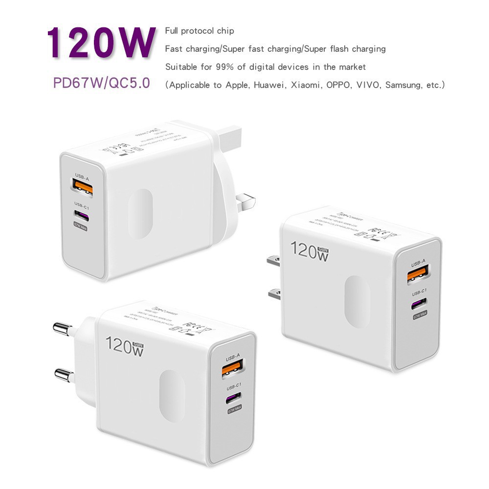 120W Fast Charge Flash Charge UK Plug Phone Charger PD+USB All-Protocol Universal Adapter