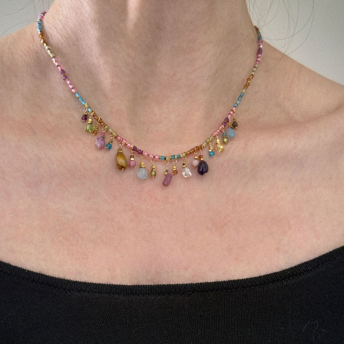 Bohemian colorful tassel dreamy irregular natural stone pendant delicate necklace simple