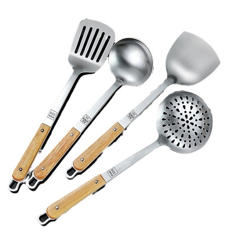 304 stainless steel solid wood handle spatula, stir-fry spatula, household food-grade spoon, soup spoon, slotted spoon set, frying spatula, slotted spatula
