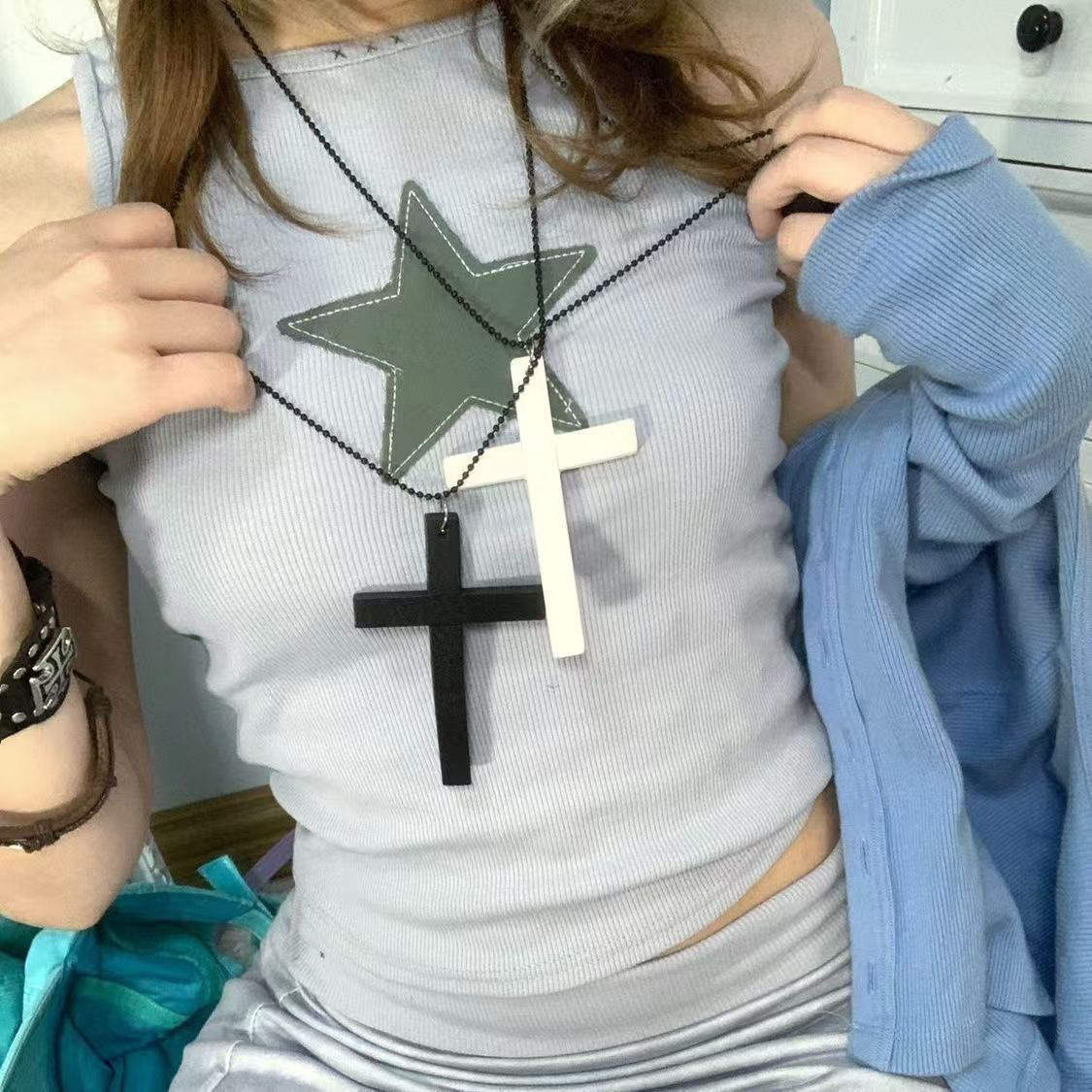 Halloween Accessory Wooden Cross Necklace for Men and Women Long Sweater Chain