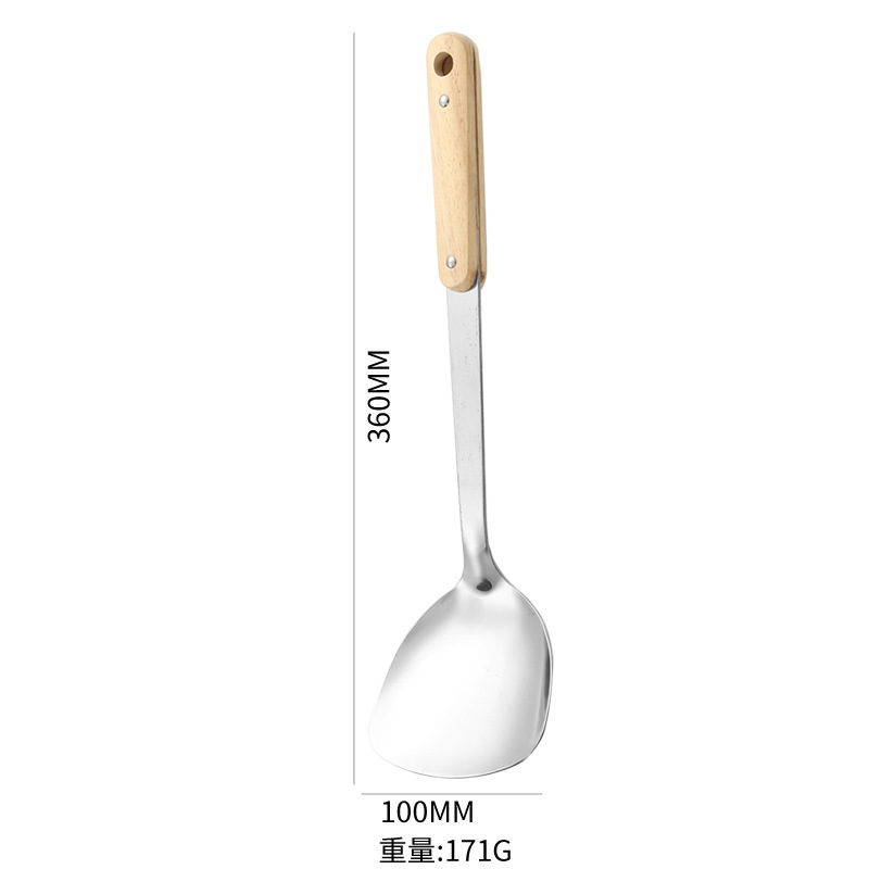 201 non-magnetic three-thick stainless steel soup spoon, solid wood handle spatula, stainless steel household stir-fry spatula, spoon kitchen set