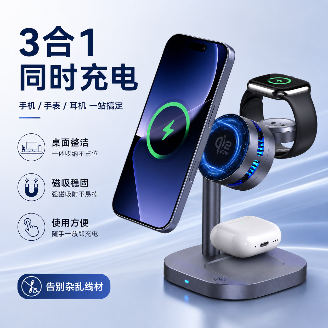 New Qi2.2 three-in-one magnetic cooling wireless charger for phone earphone heat dissipation wireless fast charging stand