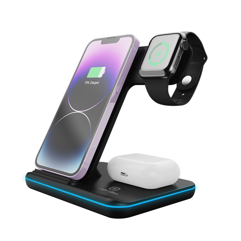 Three-in-one wireless charger vertical desktop stand wireless charger for phones watches earphones fast charging 15W