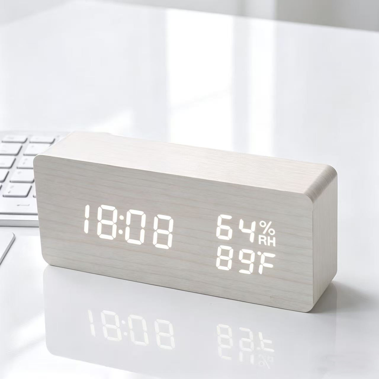 Smart voice-controlled wooden digital alarm clock, temperature and humidity clock, PVC wooden office clock, student electronic clock, LED wooden clock