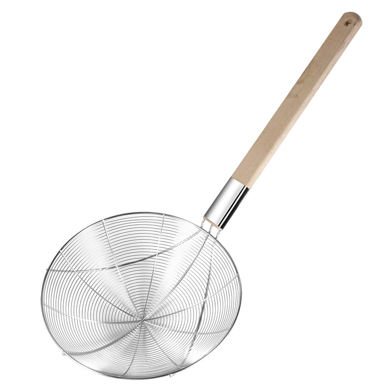 Stainless steel colander, large kitchen filter mesh strainer, noodle strainer, commercial large frying colander, wooden handle wire strainer