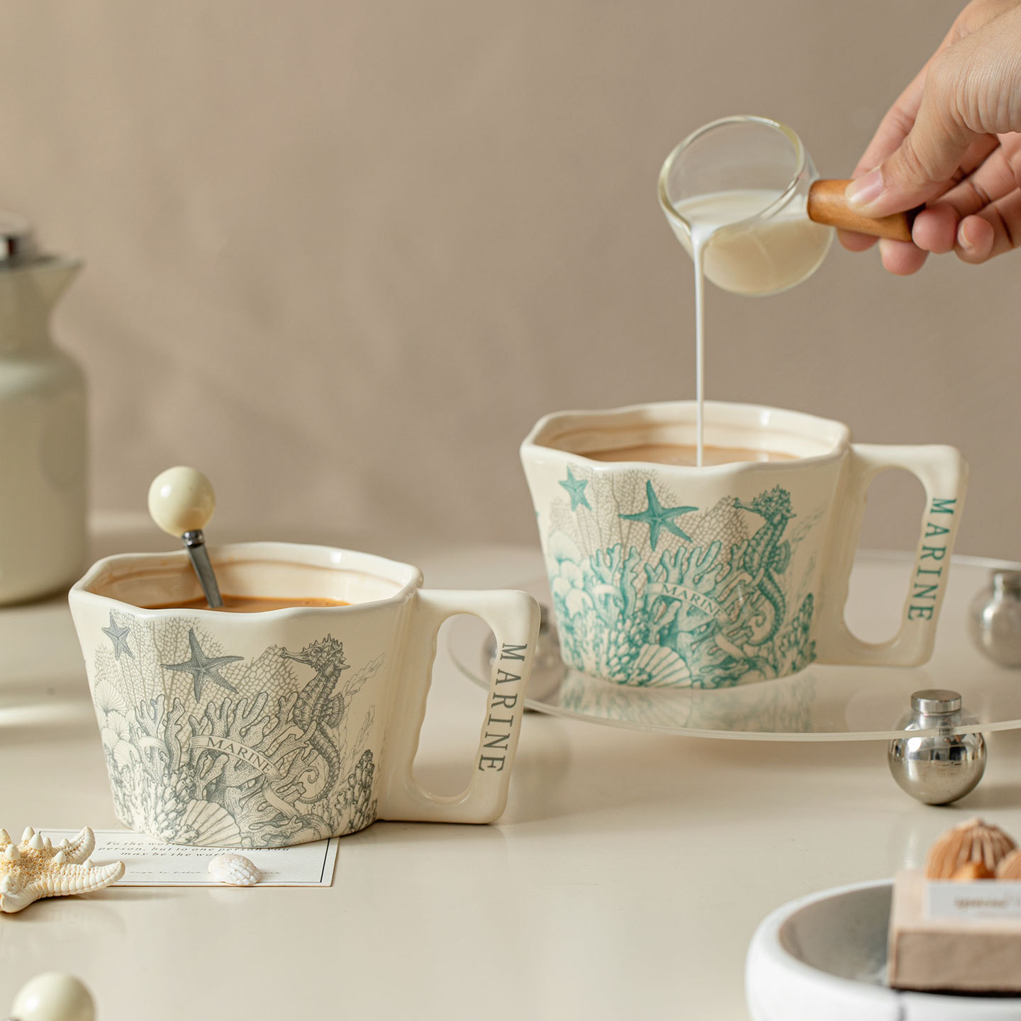 Oil painting ocean starfish ceramic coffee cup saucer home use water cup yogurt oatmeal cup