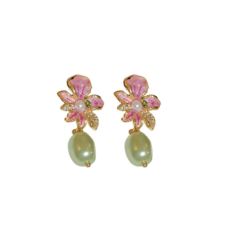 Enamel Crystal Flower Silver Needle Earrings for Women