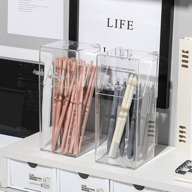 Multifunctional acrylic makeup brush storage tube with lid dustproof transparent eyebrow pencil with pearl storage bucket organizer