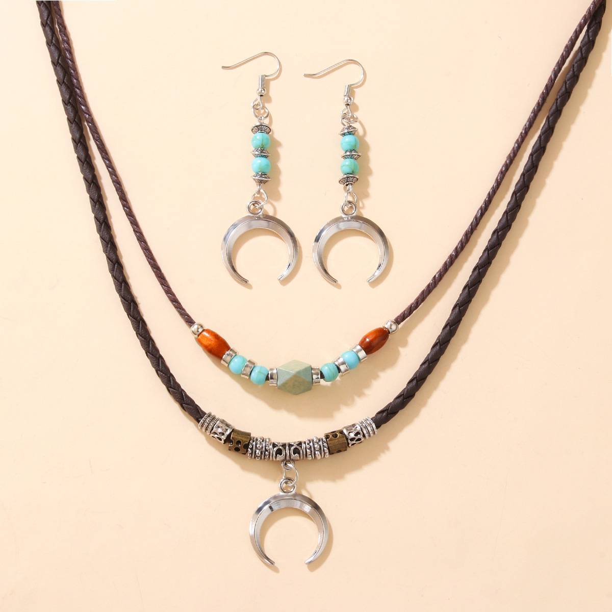 Five-leaf Clover Beaded Wax Rope Necklace Sweater Chain Earring Necklace Set