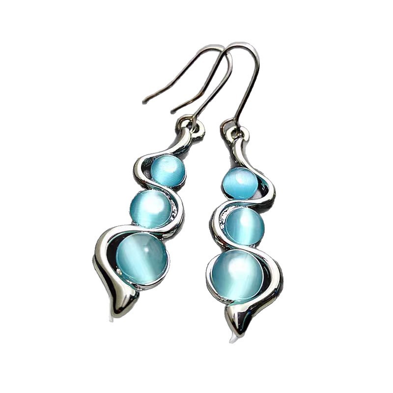 Simple Blue Cat Eye Round Bead Curved Wave Ear Hook Ear Accessories