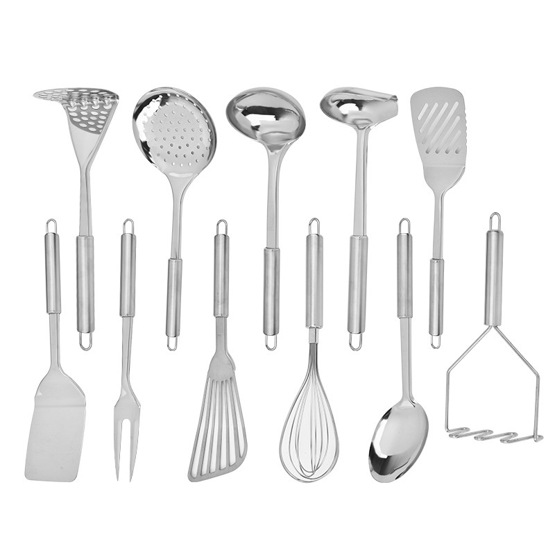 Round handle stainless steel spatula kitchen utensil set kitchen spoon spatula slotted spoon rice spoon meat fork utensil cooking 11-piece set
